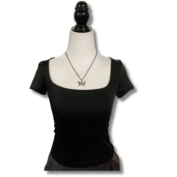 LIVE IN THE MOMENT Black square neck crop top ~ Goth stretchy XS SMALL shirt tee - Picture 3 of 12